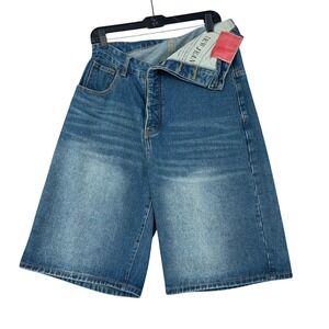 MICAS Womens Blue Denim Bermuda Shorts High Rise Wide Leg Relaxed Jorts Size L